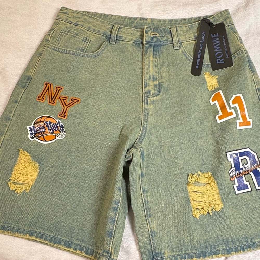 ROMWE Men's Olive Denim Shorts with Patches